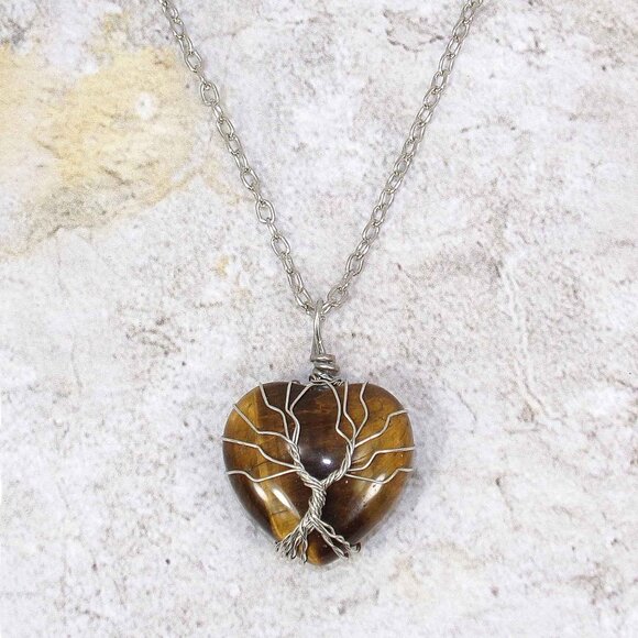 Tree of life heart pendant necklace with brown tiger eye heart stone - Picture 8 of 8
